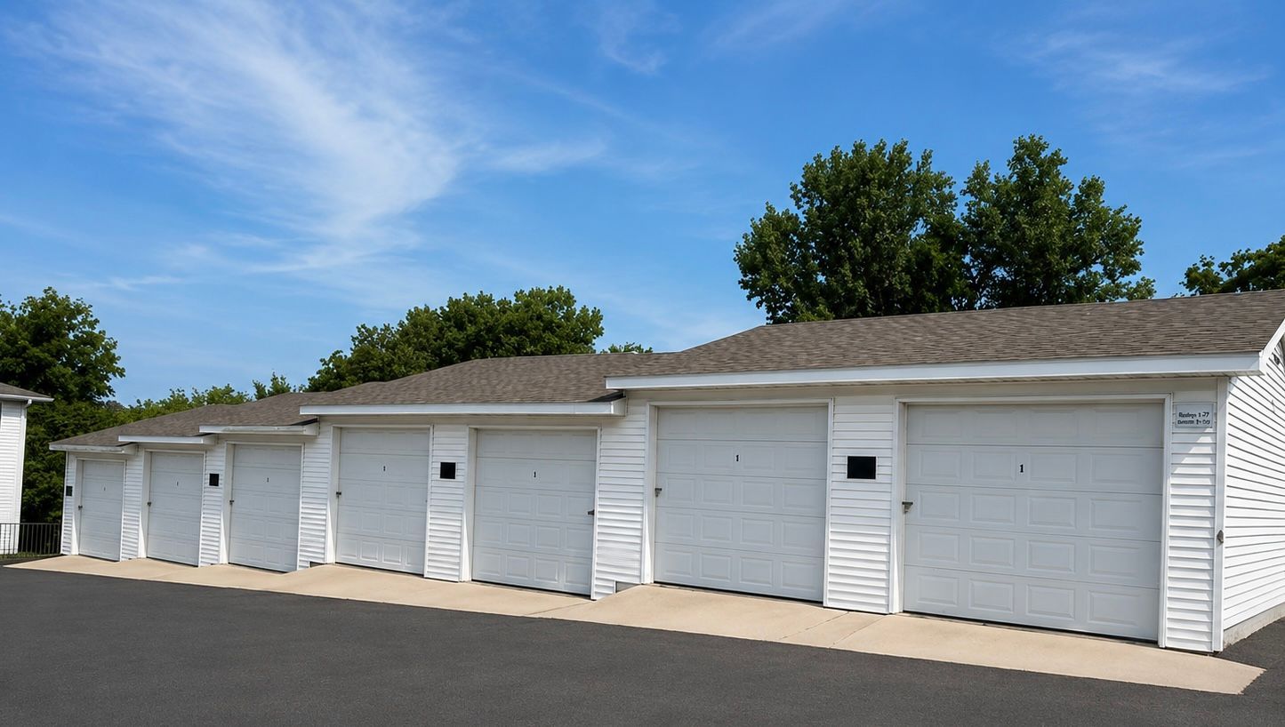 Row of white garage doors with a tree and blue sky above on a sunny day