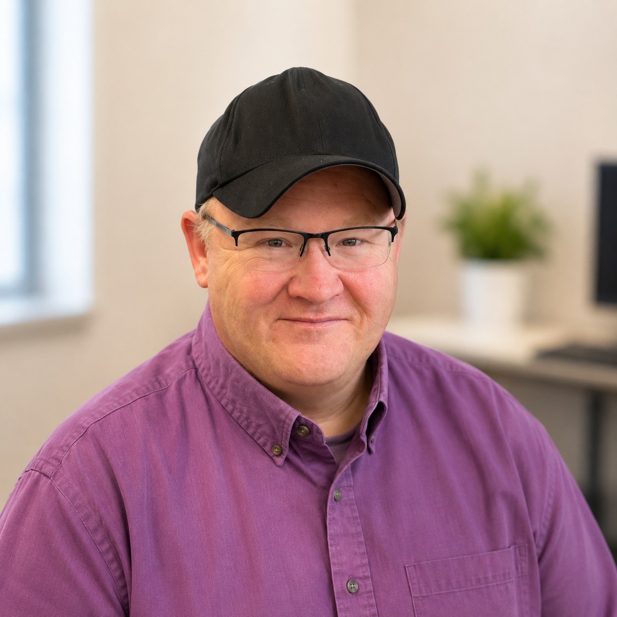 Man in black cap and purple shirt smiling in an office setting