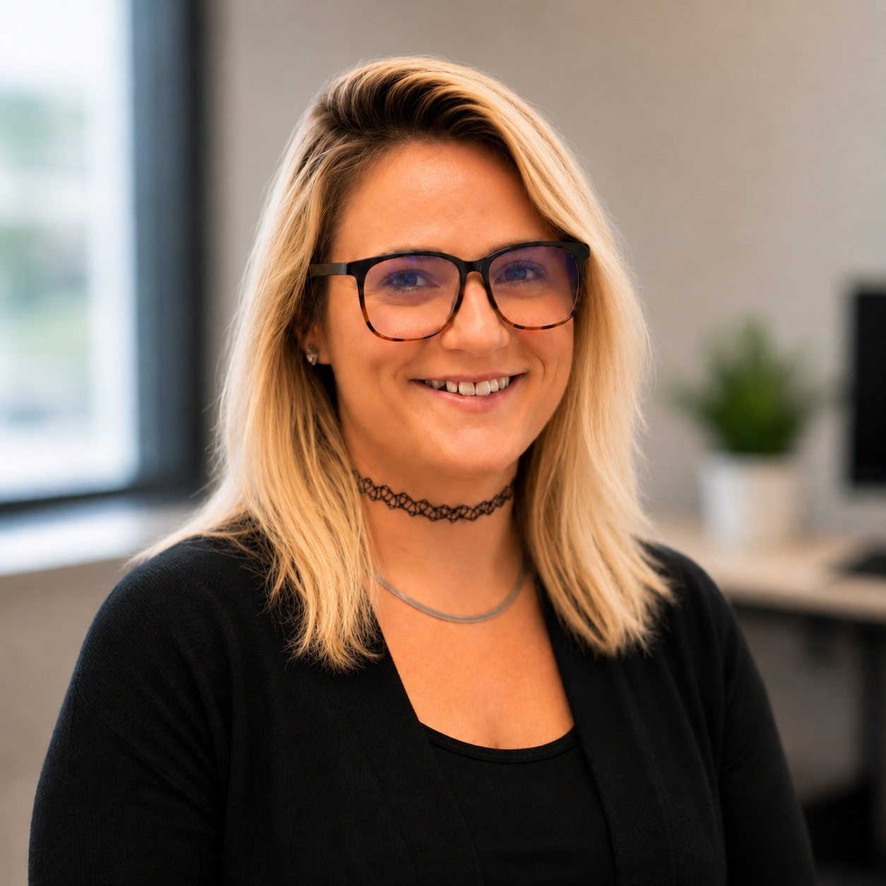 Smiling person with blonde hair and glasses in a black top, seated in an office setting