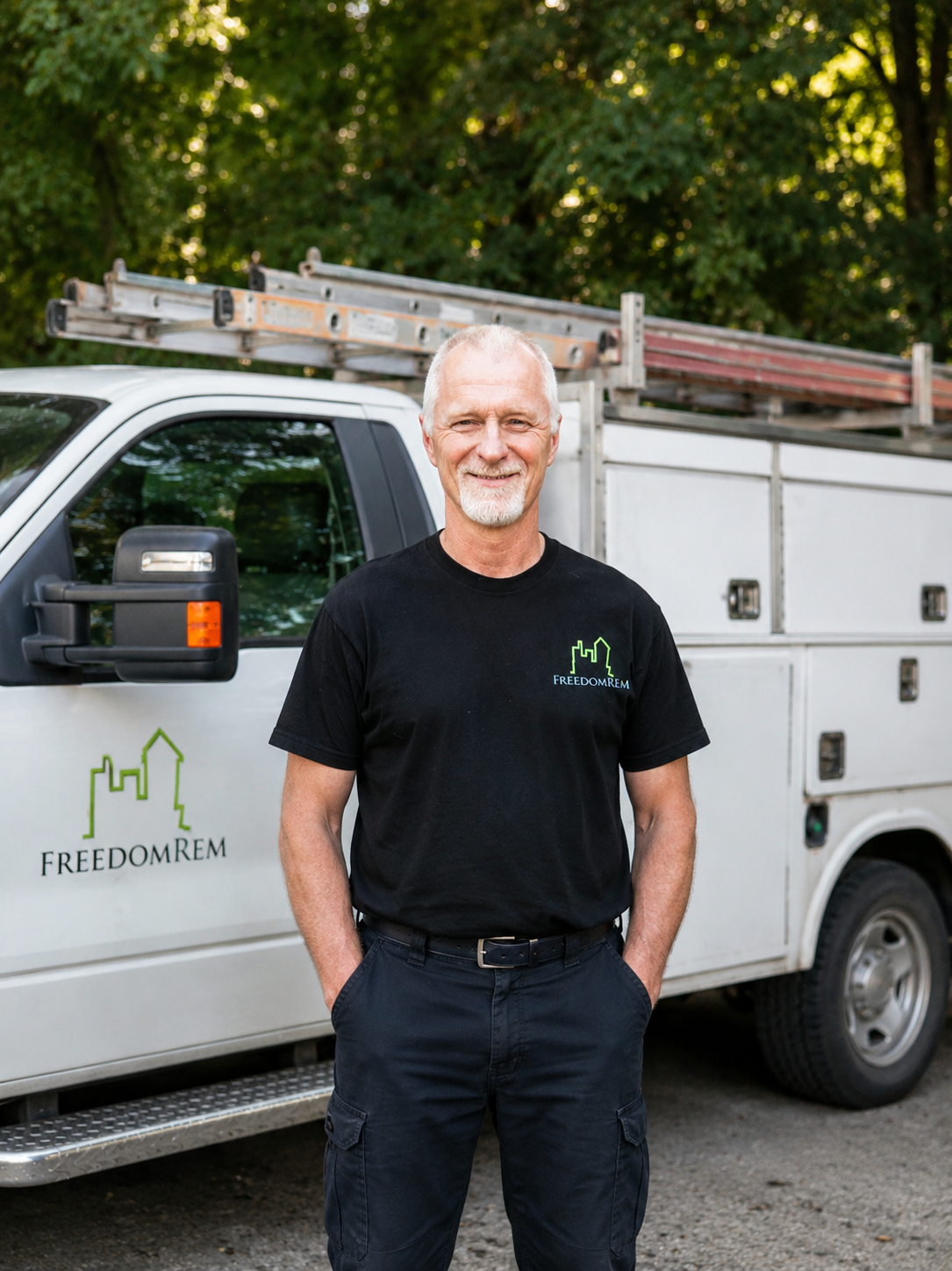 Man standing beside a white utility truck with ladders, wearing a black shirt, outdoors near trees
