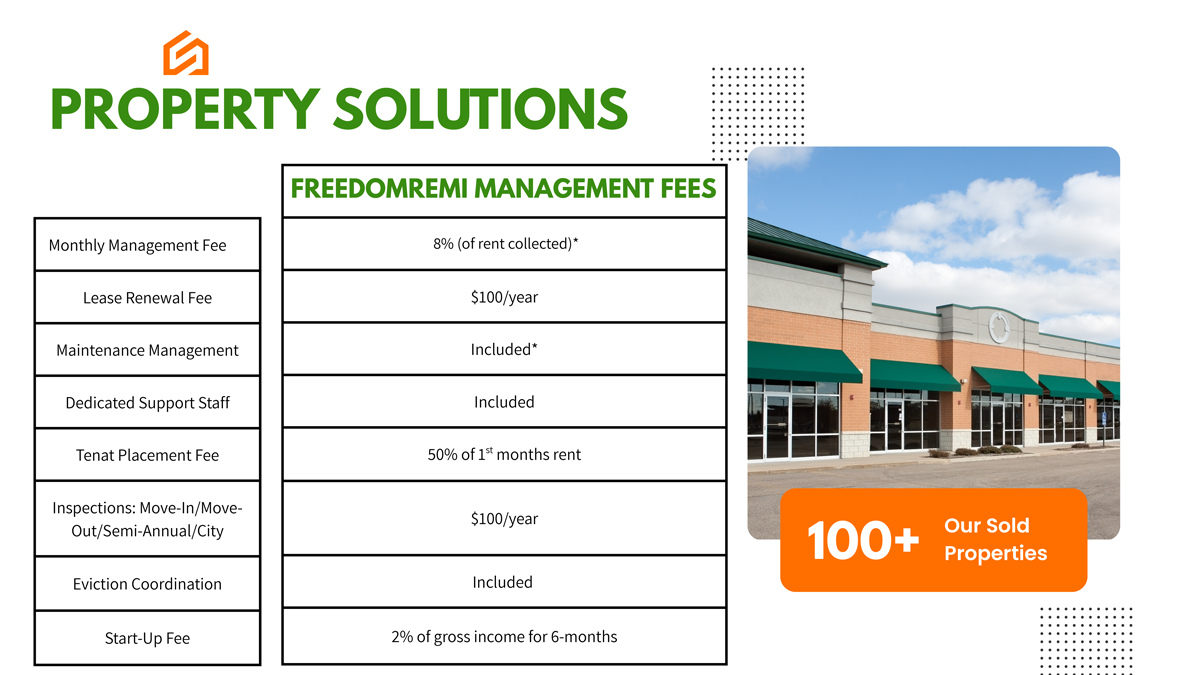 Property Solutions management fees flyer with pricing table, orange logo, and apartment building photo