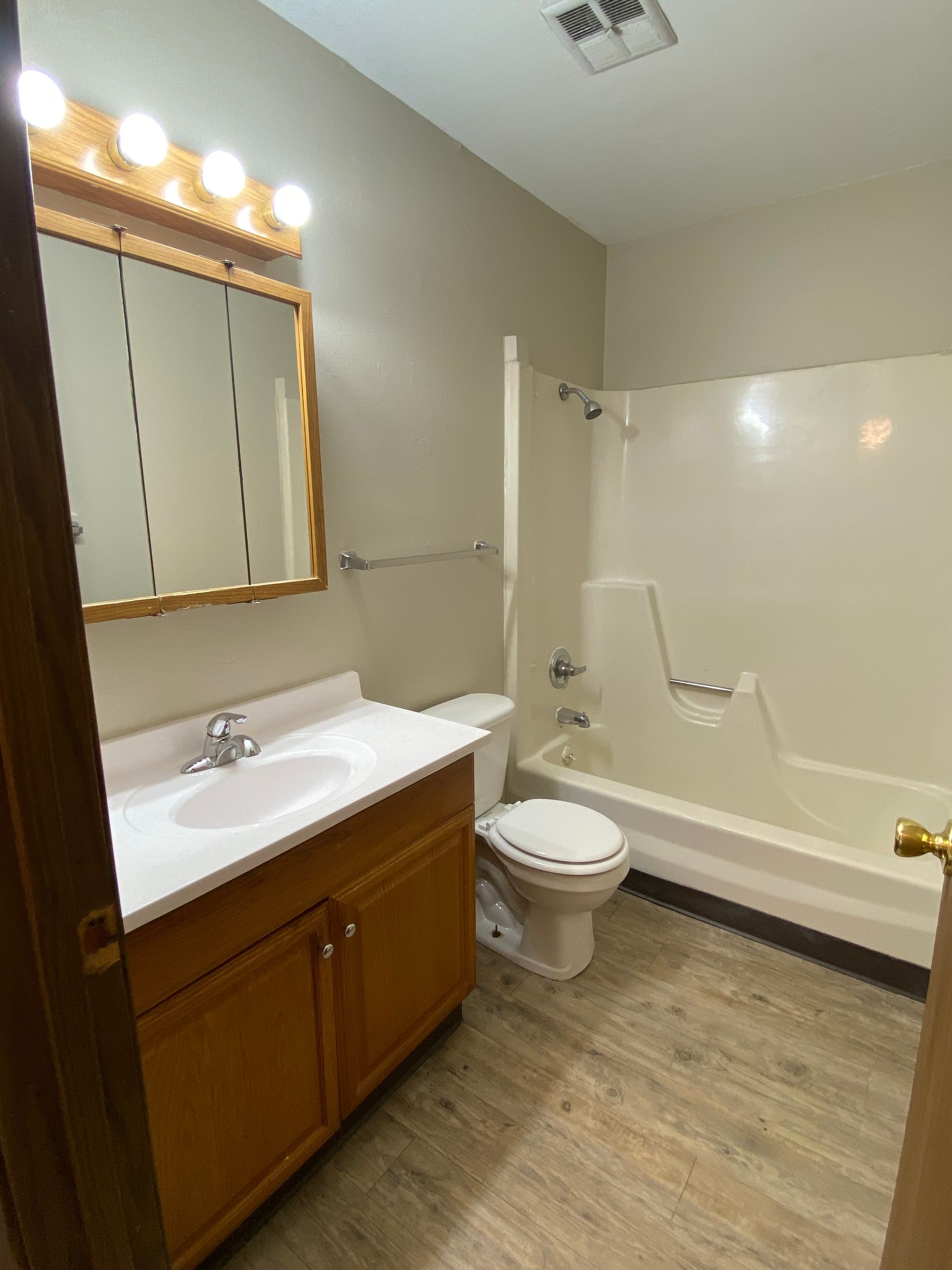 Small bathroom with vanity, lit mirror, toilet, tub-shower, and wood-look flooring.