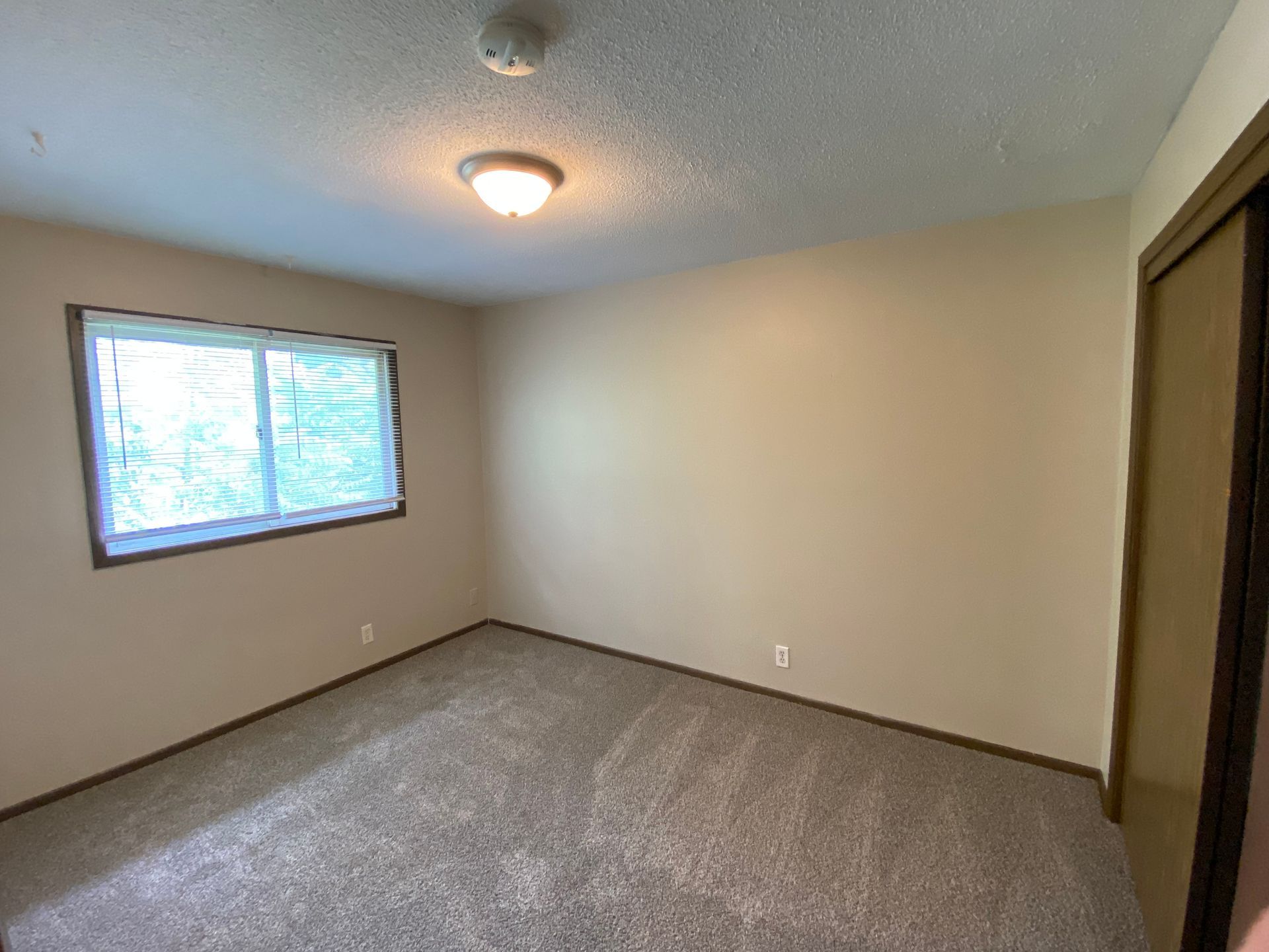 Empty beige bedroom with carpet, window, and closet door