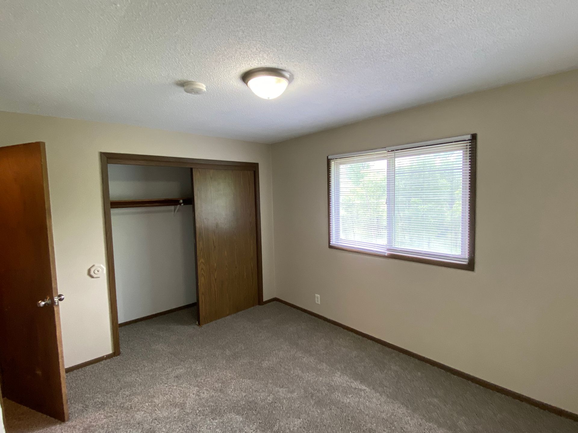 Empty bedroom with carpet, open closet, and a window with blinds
