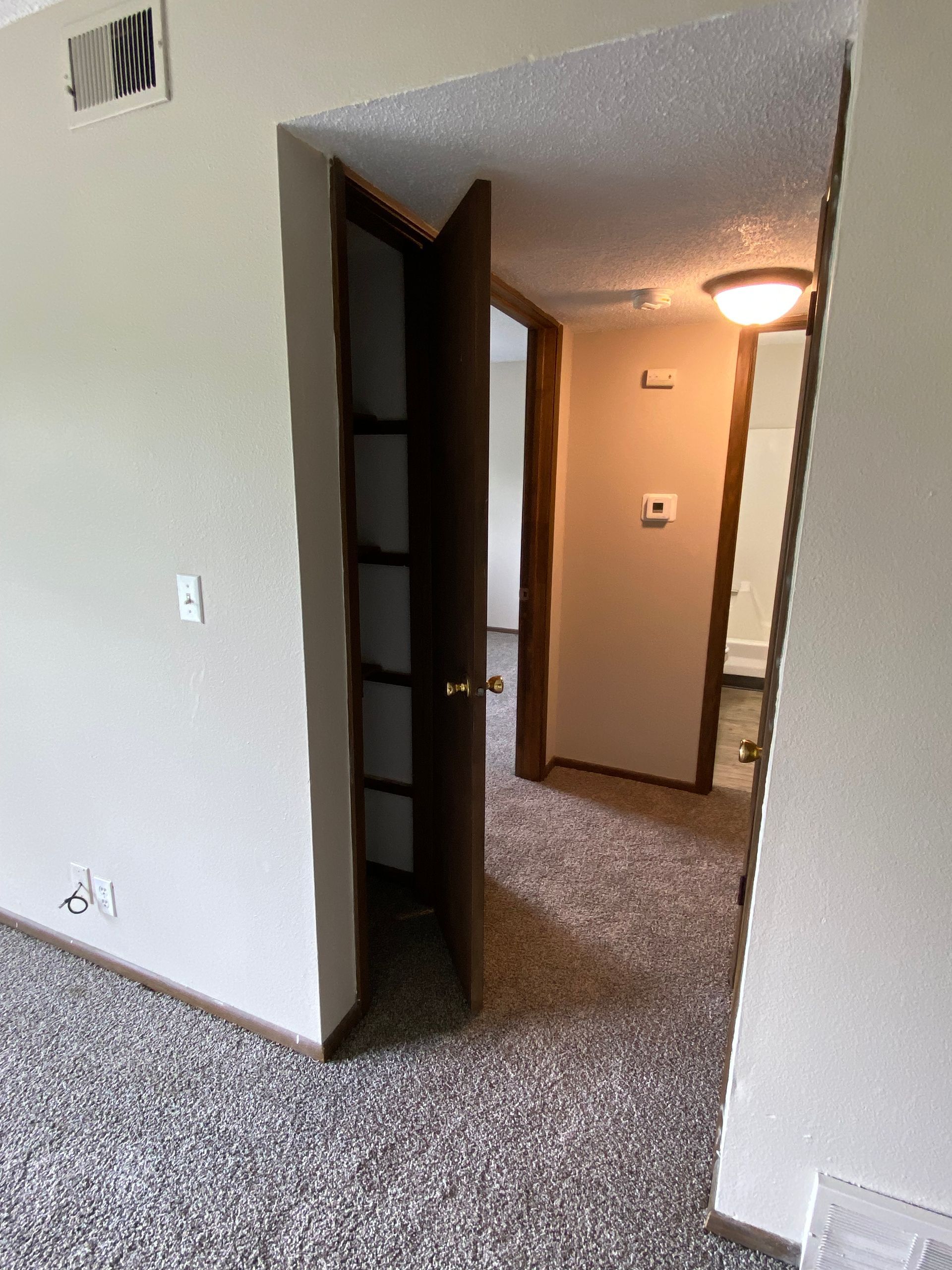 Apartment entryway with open door, beige walls, and carpeted hallway lit by a ceiling lamp