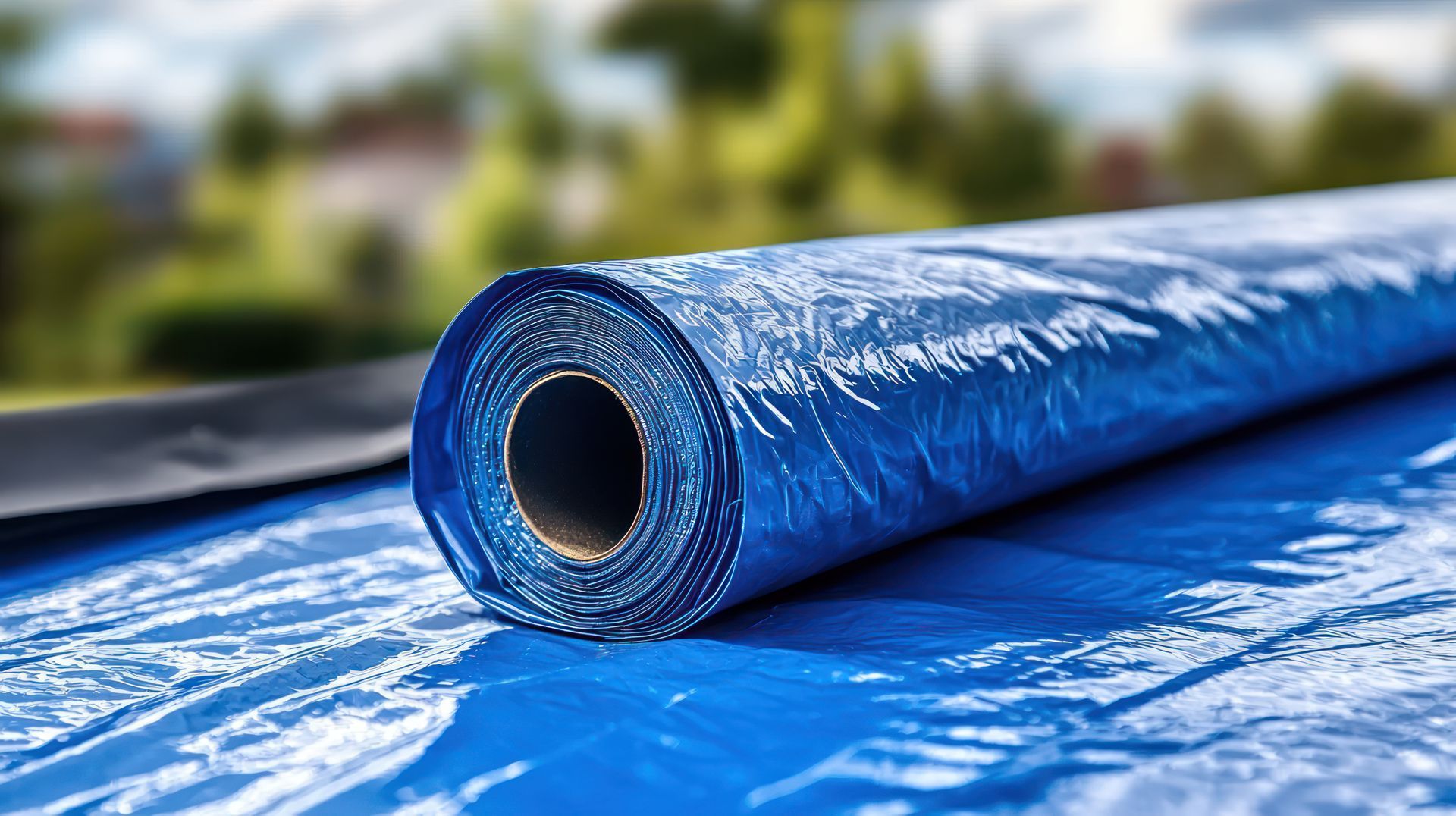 A rolled blue tarp lying on a surface with a green outdoor background. A rolled blue tarp lying on a surface with a green outdoor background.