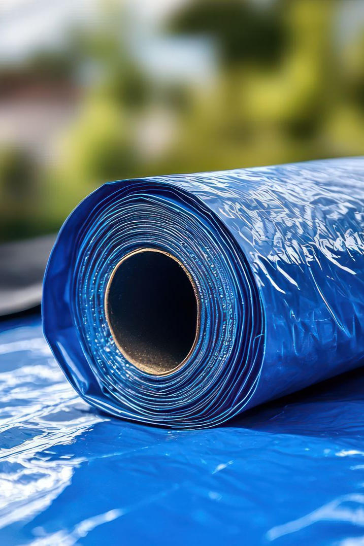 A rolled blue tarp lying on a surface with a green outdoor background. A rolled blue tarp lying on a surface with a green outdoor background.
