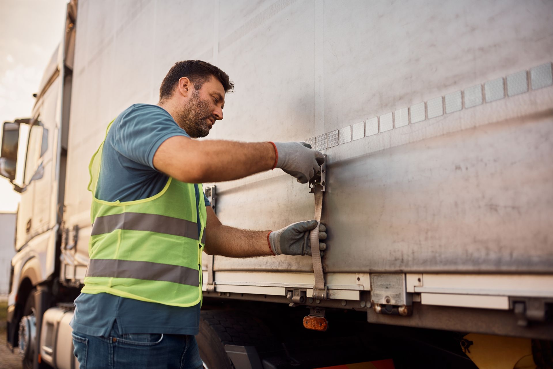  Driver tightening a strap on a trailer with custom industrial tarp systems
