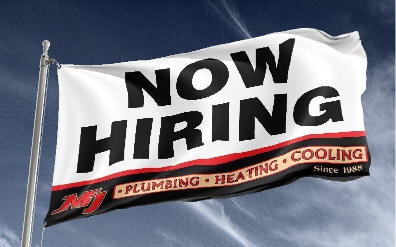 White “NOW HIRING” banner with red “plumbing, heating, cooling” text against blue sky