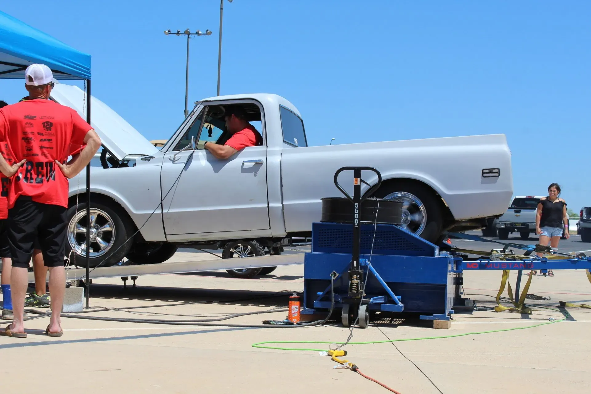 Dynamo image showing a car testing outdoor setup with technician in car
