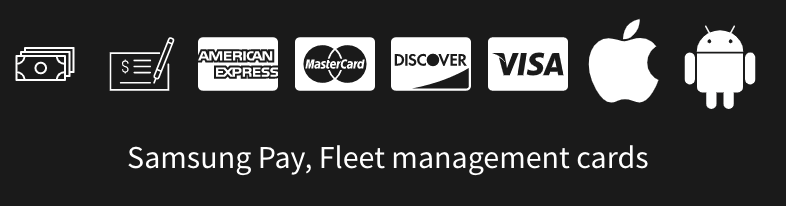 Image showing ways to pay through logo artwork for various payment systems including cash, check, american express, mastercard, discover, visa, apple pay and Google pay