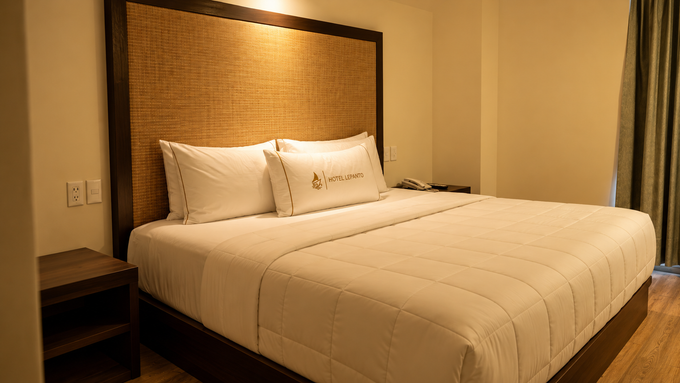 A hotel room with a king size bed and a nightstand