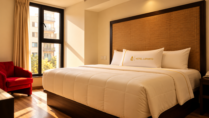 A hotel room with a king size bed and a chair.