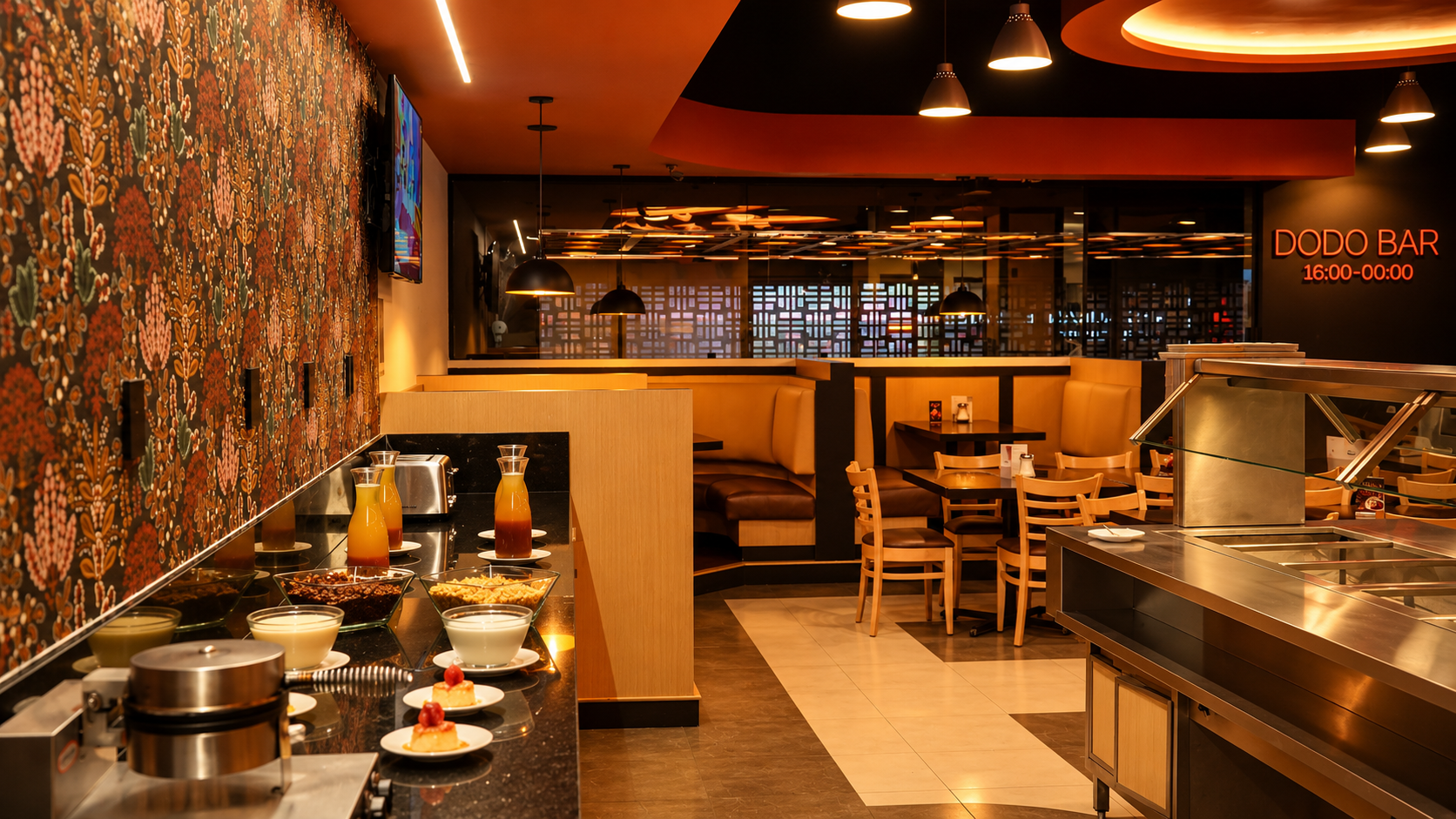 A restaurant with tables and chairs and a chef in the kitchen.