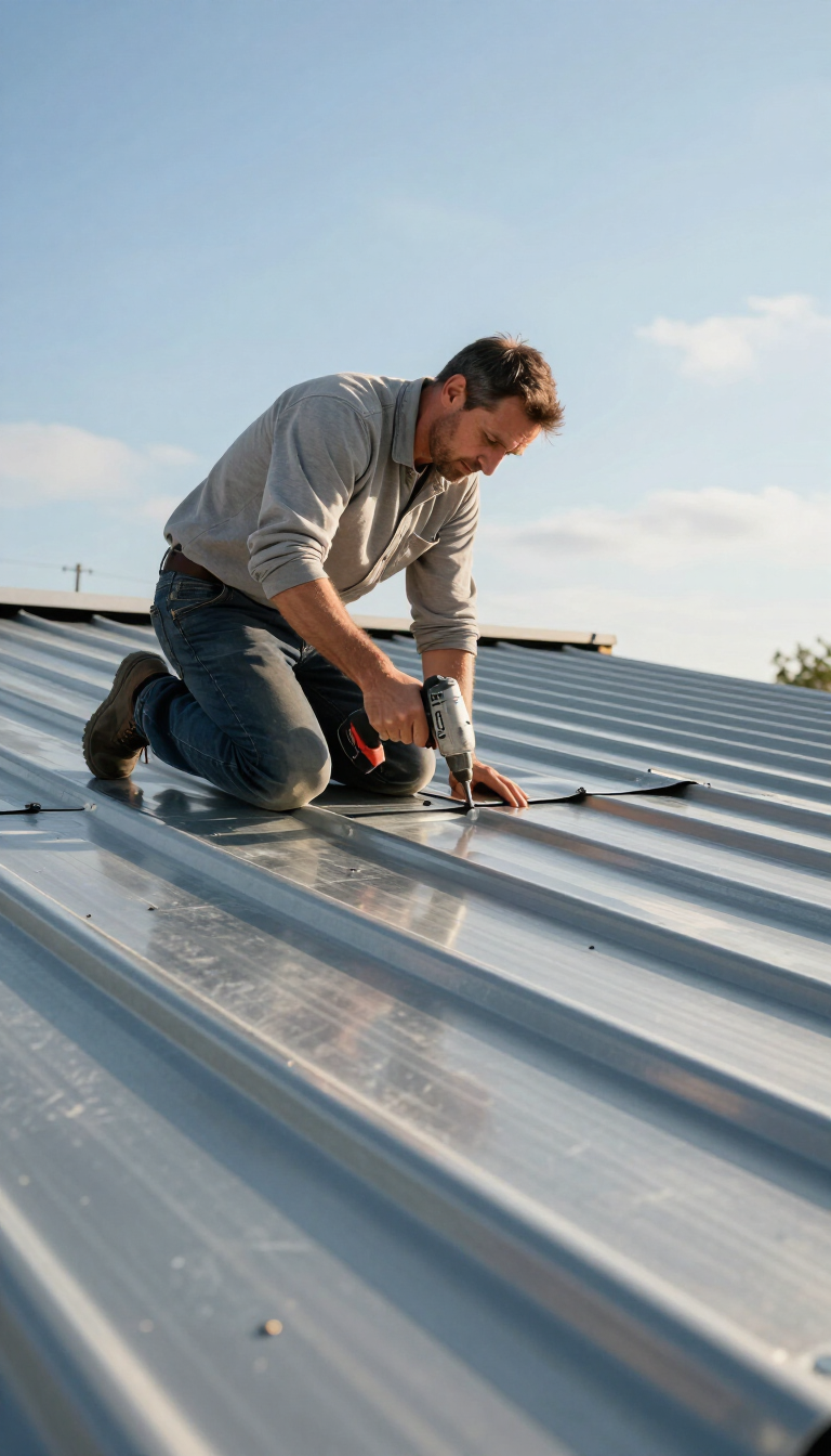 Worker kneeling on a metal roof, installing or fastening panels under a clear blue sky