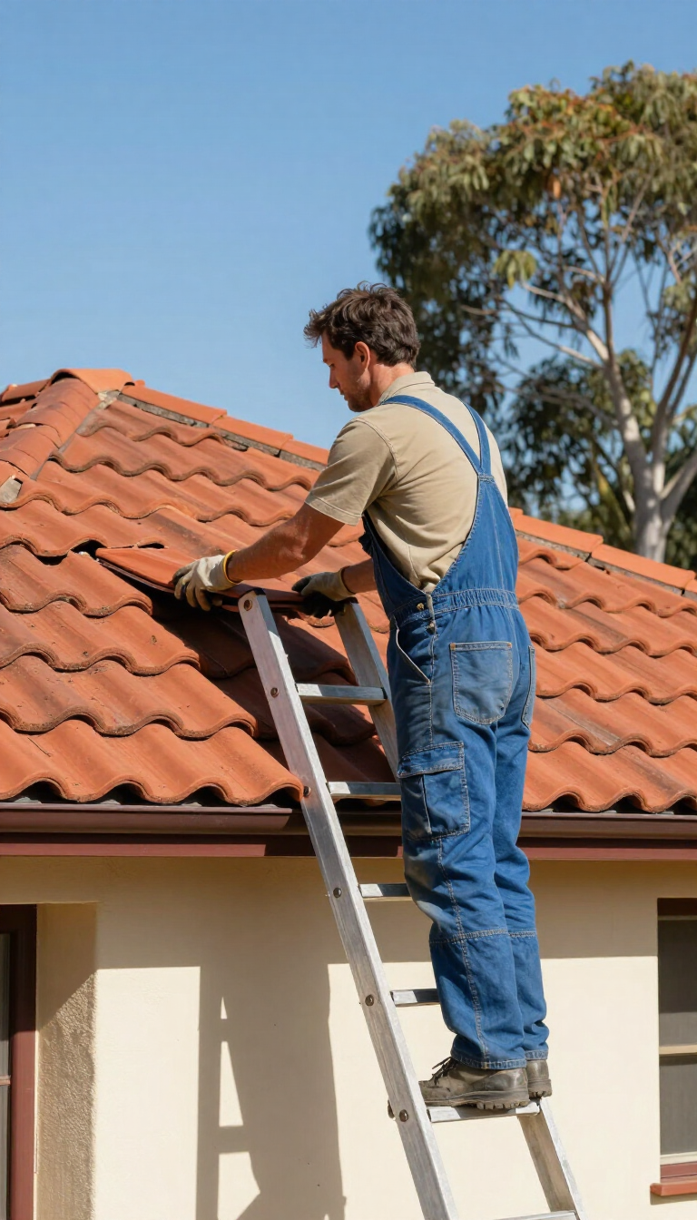 Worker on ladder repairing terracotta roof tiles on a house