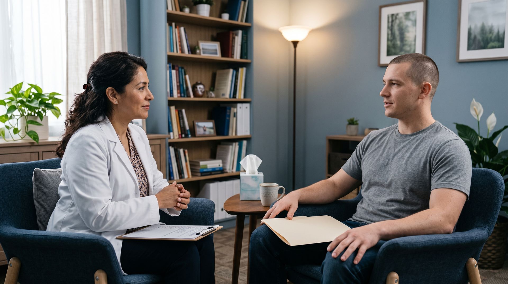 Two people talking in a cozy office with a bookshelf, lamp, and framed wall art.