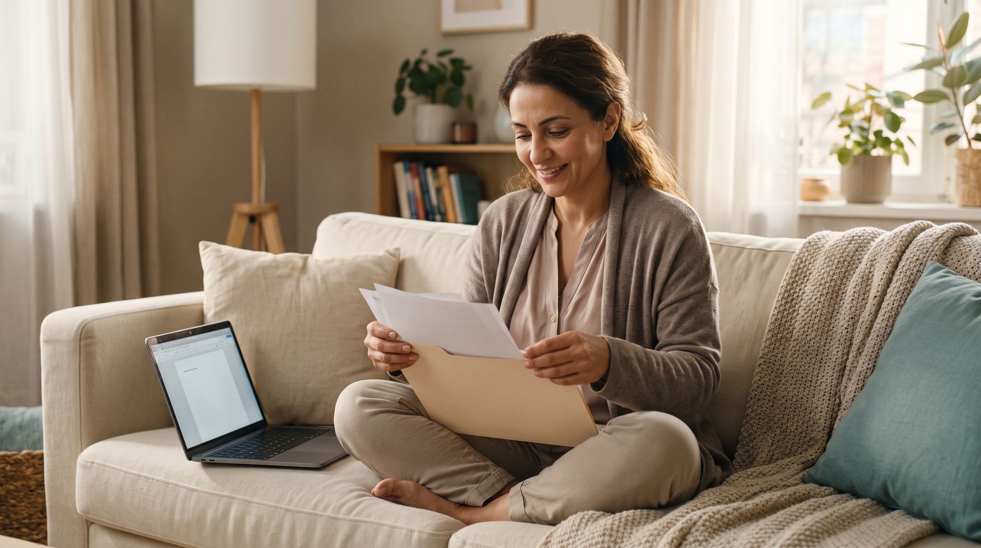 Person sitting on a couch reading papers beside a laptop in a bright living room