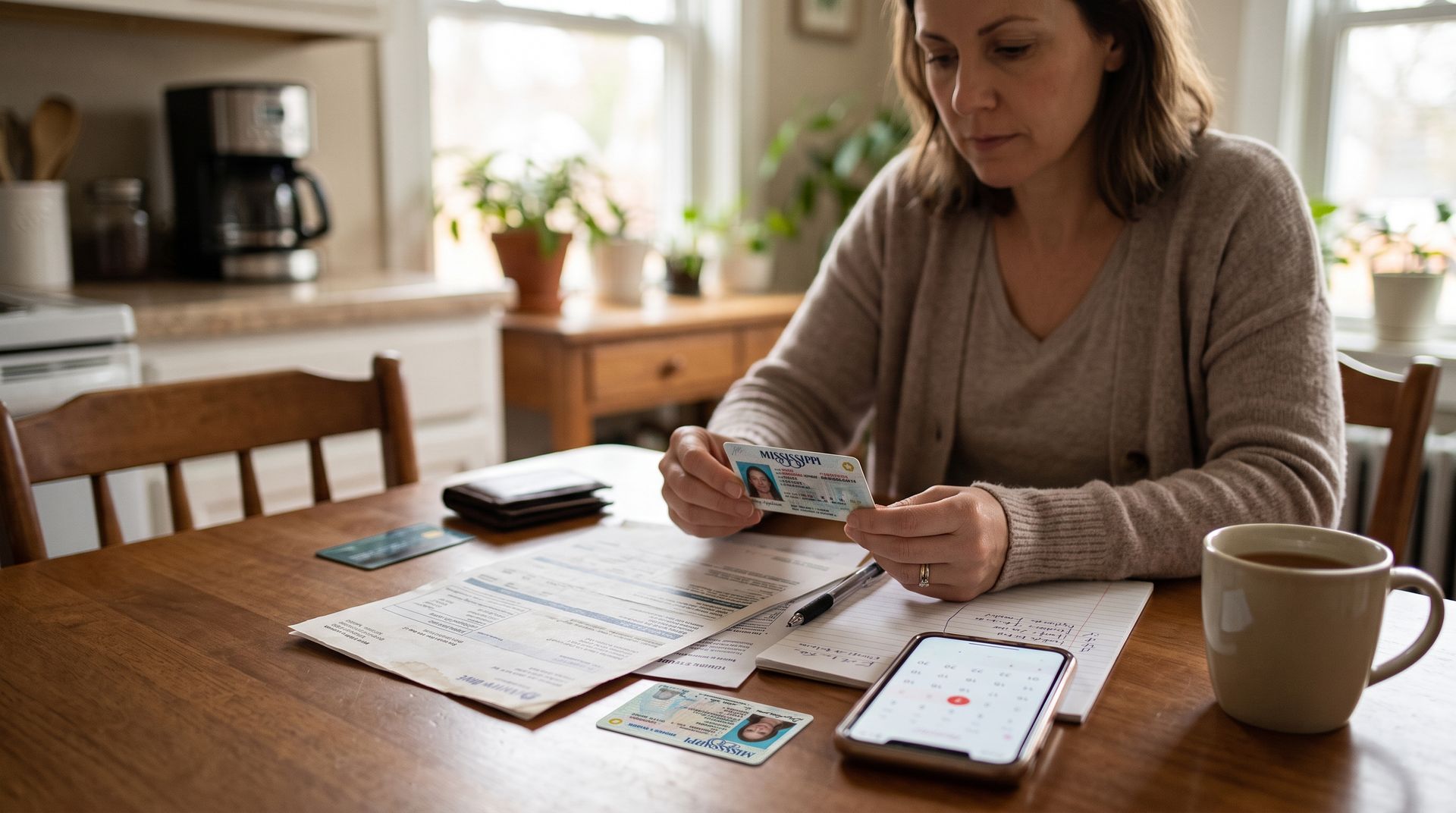 Woman counting cash at a kitchen table beside bills and a smartphone in a bright home kitchen