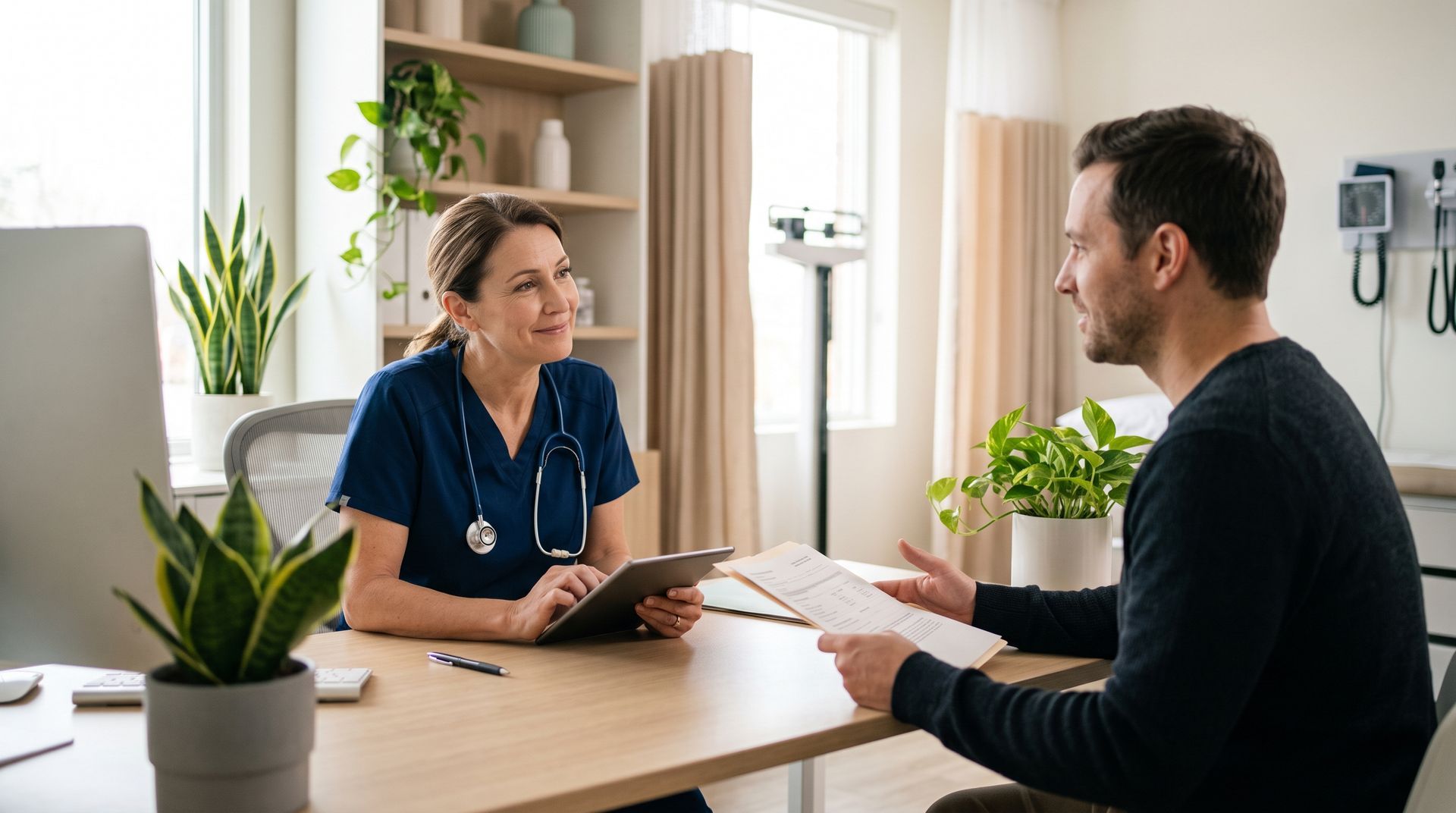 Doctor speaking with a patient in a bright clinic office, holding a clipboard across a desk.