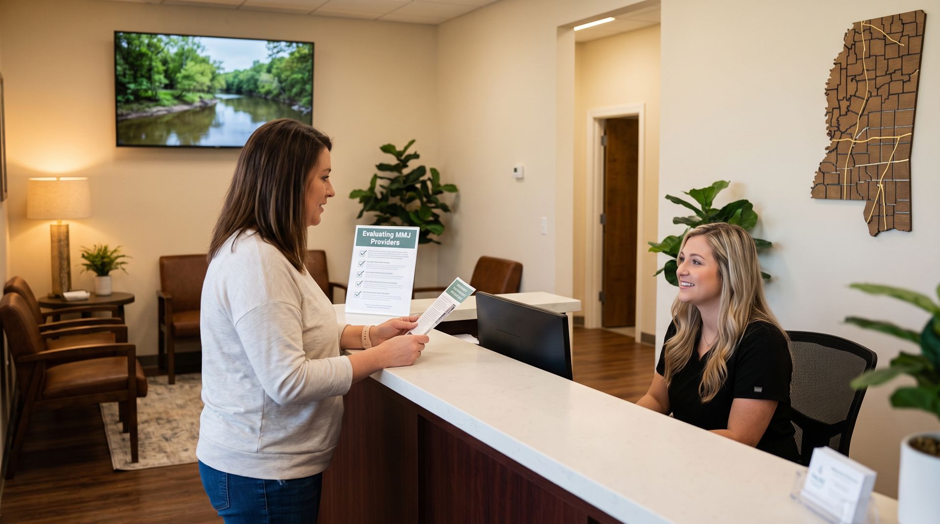 Reception desk with two women exchanging papers in a bright office lobby