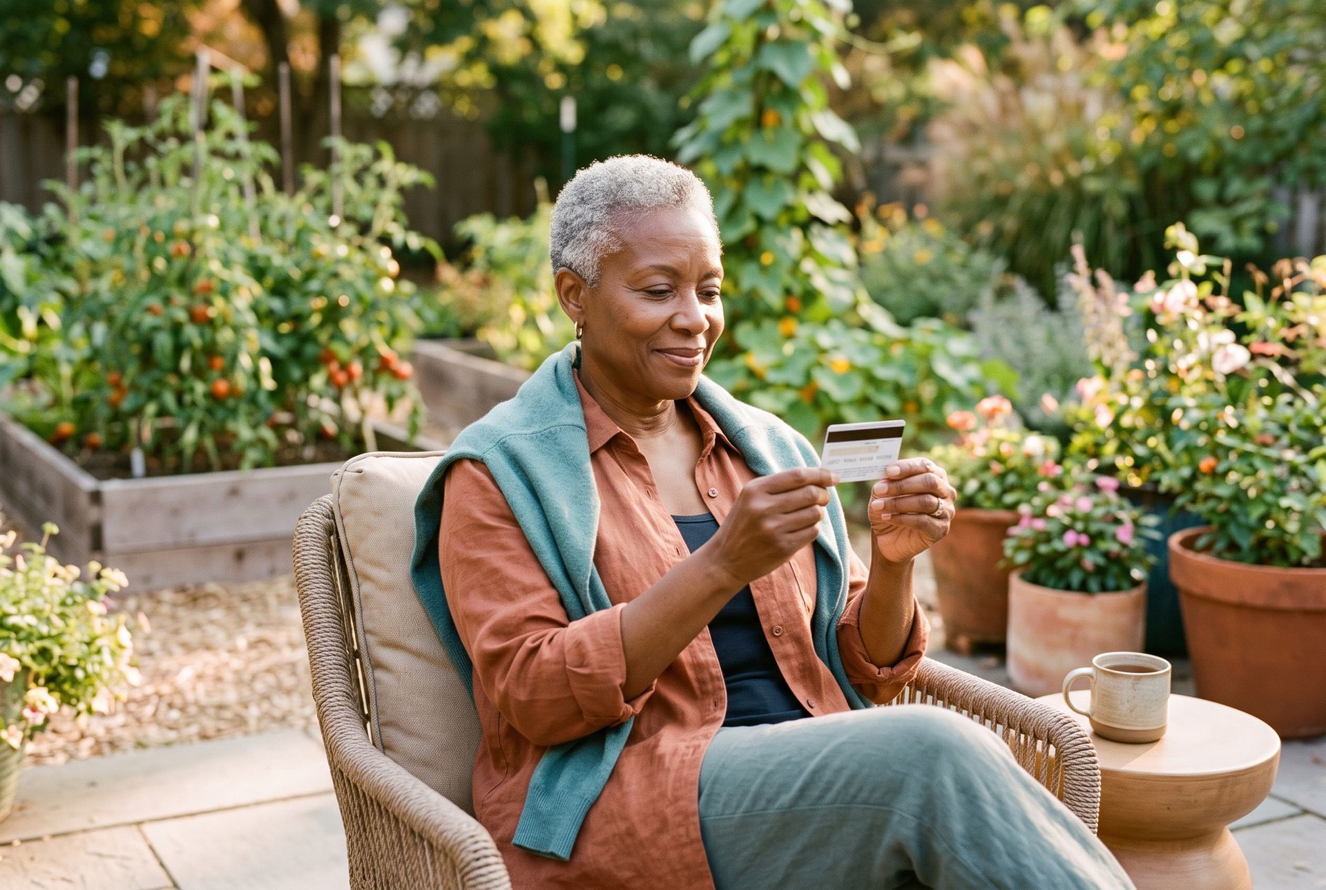 Person sitting in a garden chair, reading a card beside a mug and potted plants.