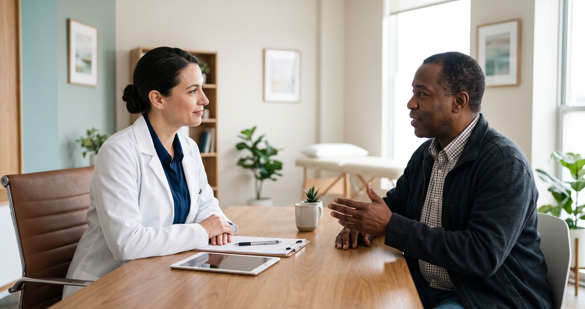 Doctor speaking with a patient across a desk in a bright clinic office.