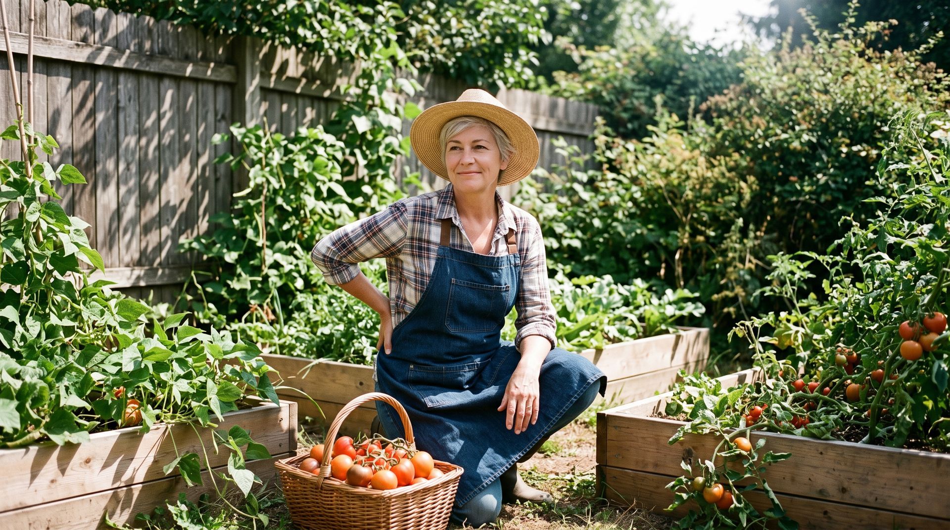 Gardener in straw hat kneeling beside a basket of tomatoes in a sunny garden