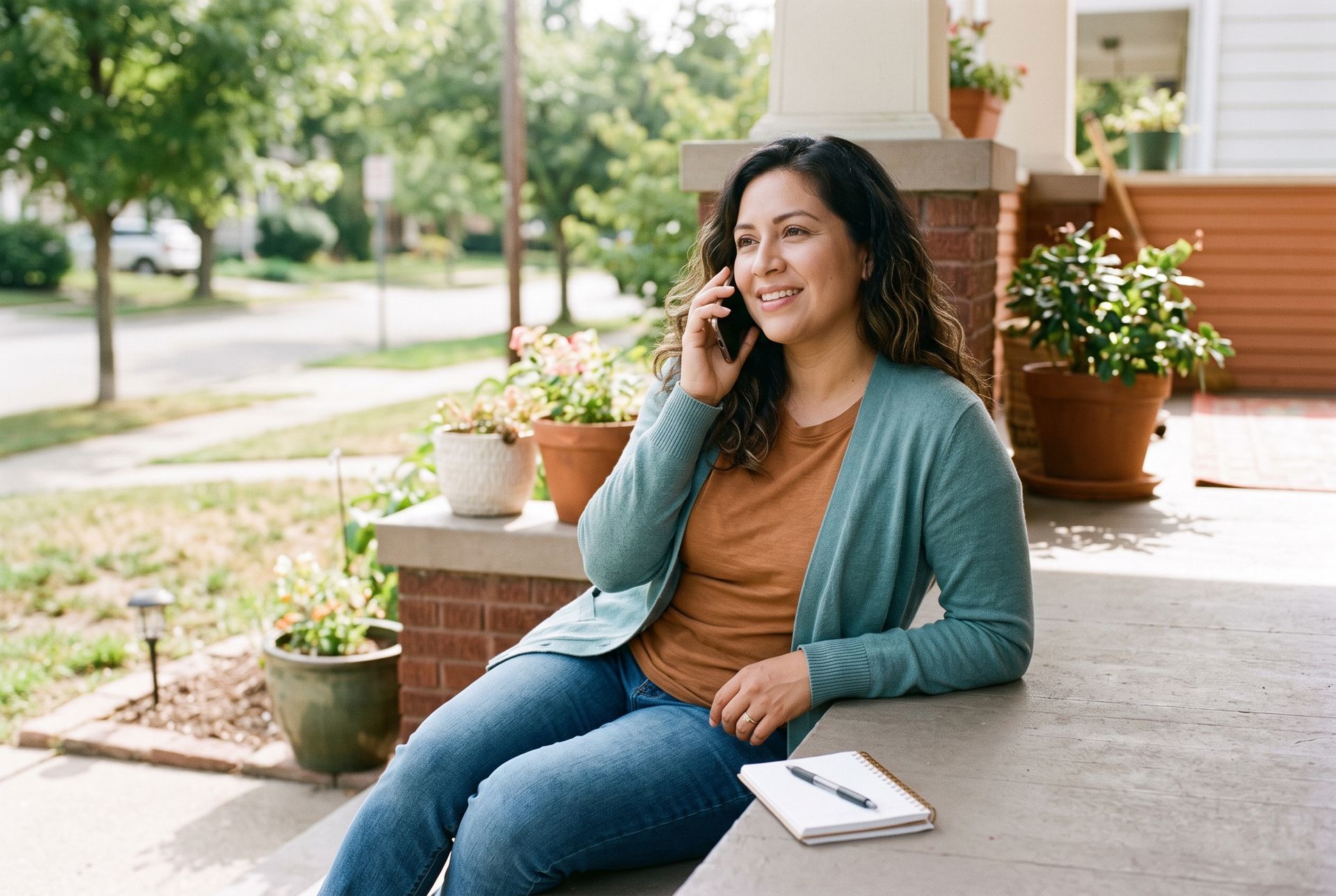 Woman sitting on a porch, smiling while talking on a phone next to a notebook and potted plants.