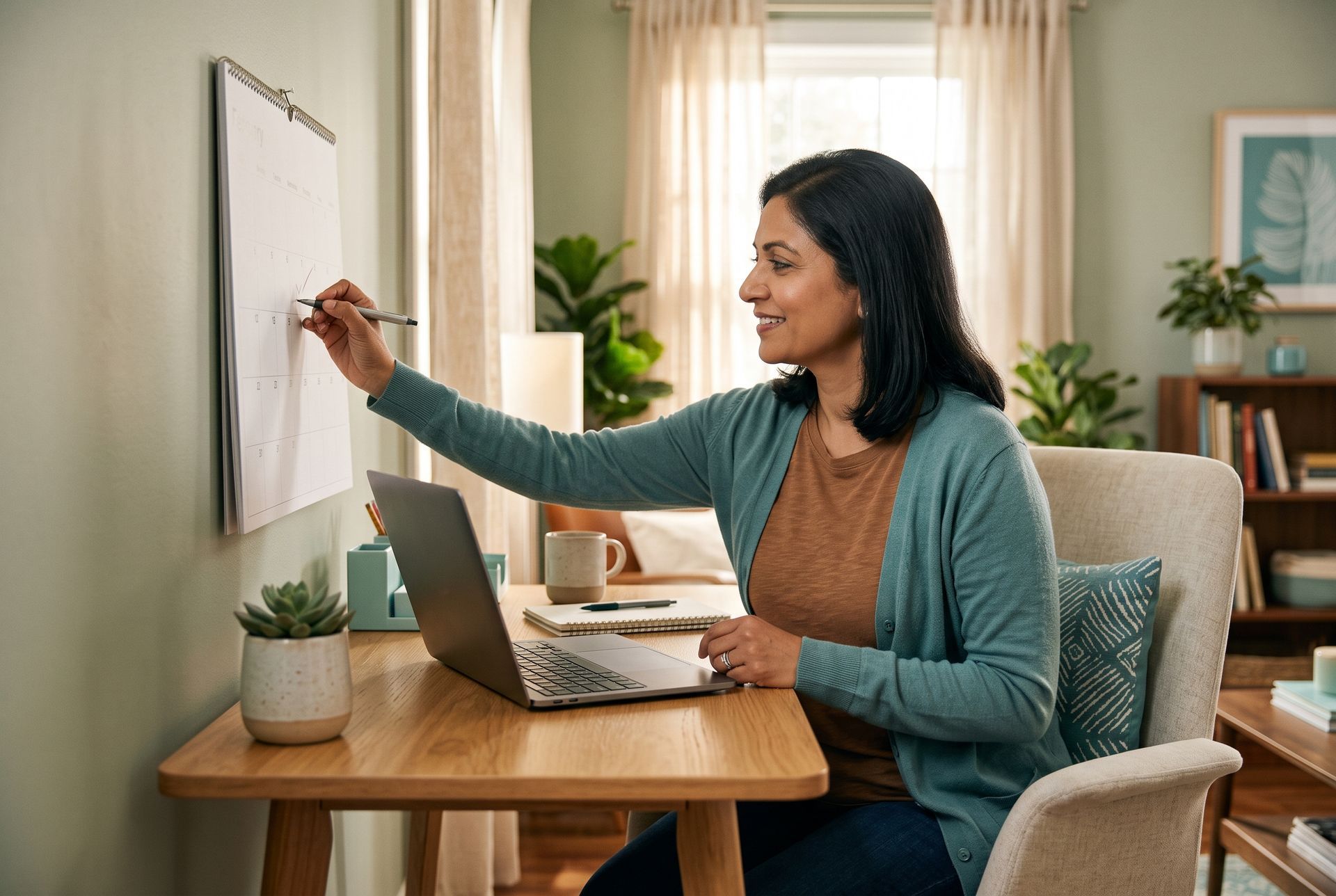 Woman writing on a whiteboard in a home office with a laptop on a desk