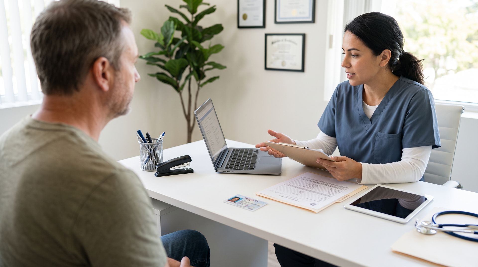 Two people in a bright office discuss paperwork across a desk with a laptop and phone.