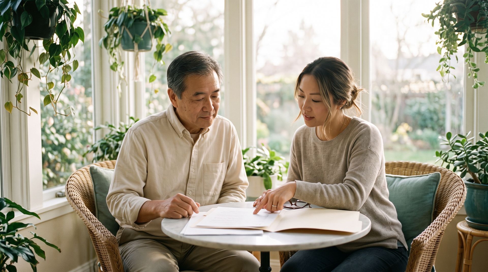 Two people reviewing documents at a sunlit table in a cozy room with plants and wicker chairs