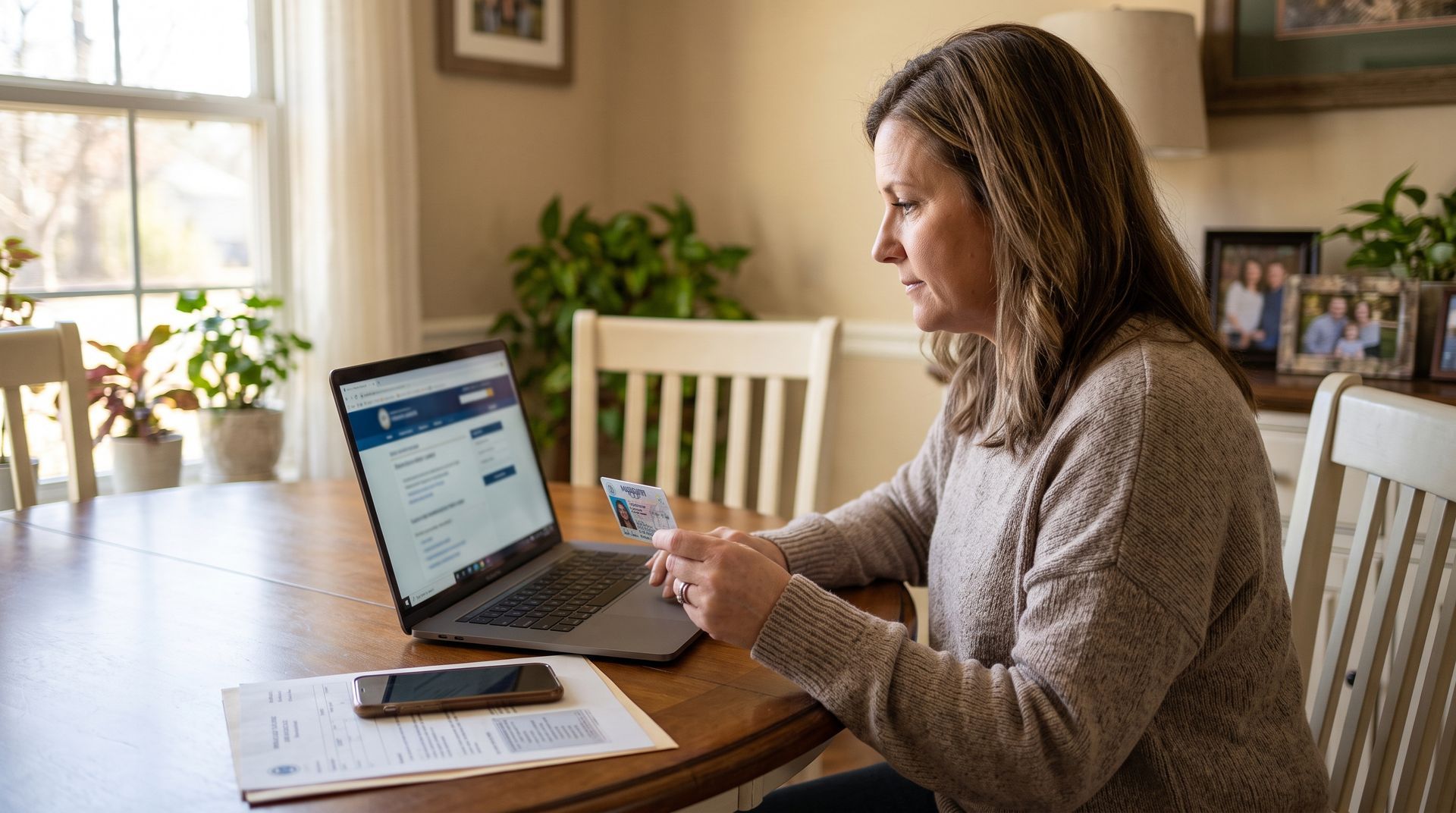 Woman using a laptop at a dining table while holding a mug in a bright home kitchen