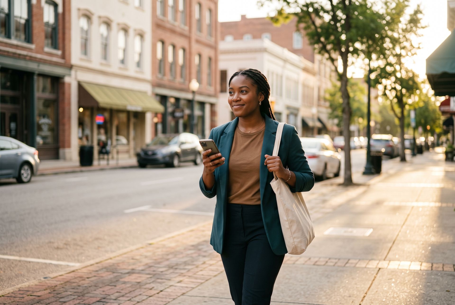 Woman walking on a city sidewalk while looking at her phone, carrying a tote bag and backpack.