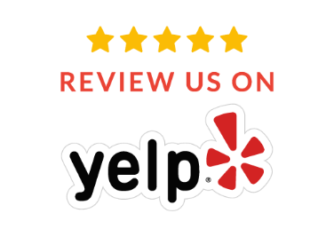 Yelp review request: Five gold stars above red text, “Review Us On,” and the Yelp logo.