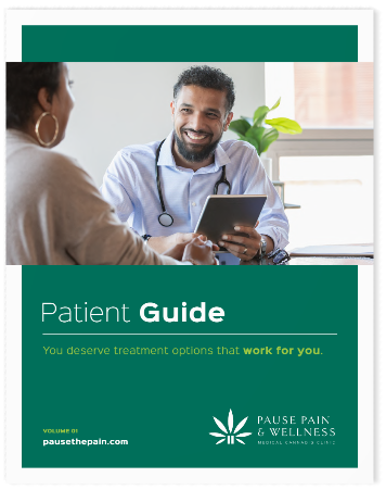 Brochure: a doctor smiling at a patient while holding a tablet. Text: