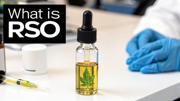 RSO cannabis oil bottle on a table with a syringe and blue gloves, titled “What is RSO”