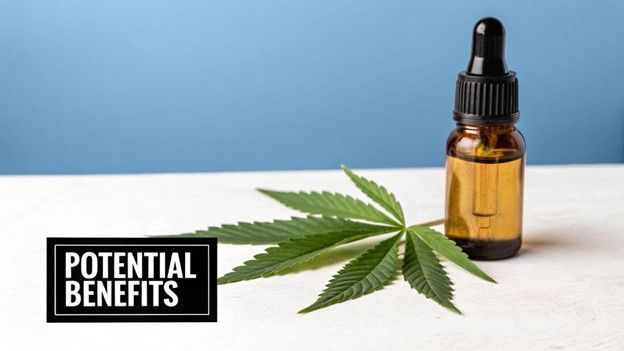 Cannabis leaf and amber dropper bottle with “Potential Benefits” text on a white surface