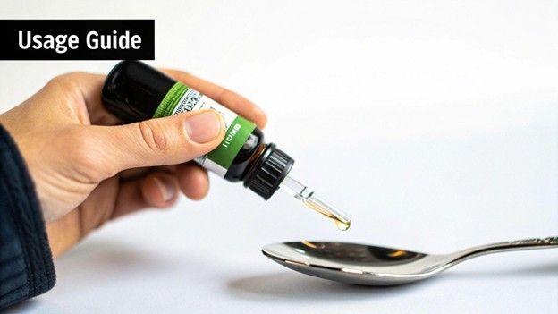 Hand squeezing liquid from a green bottle onto a spoon on a white surface