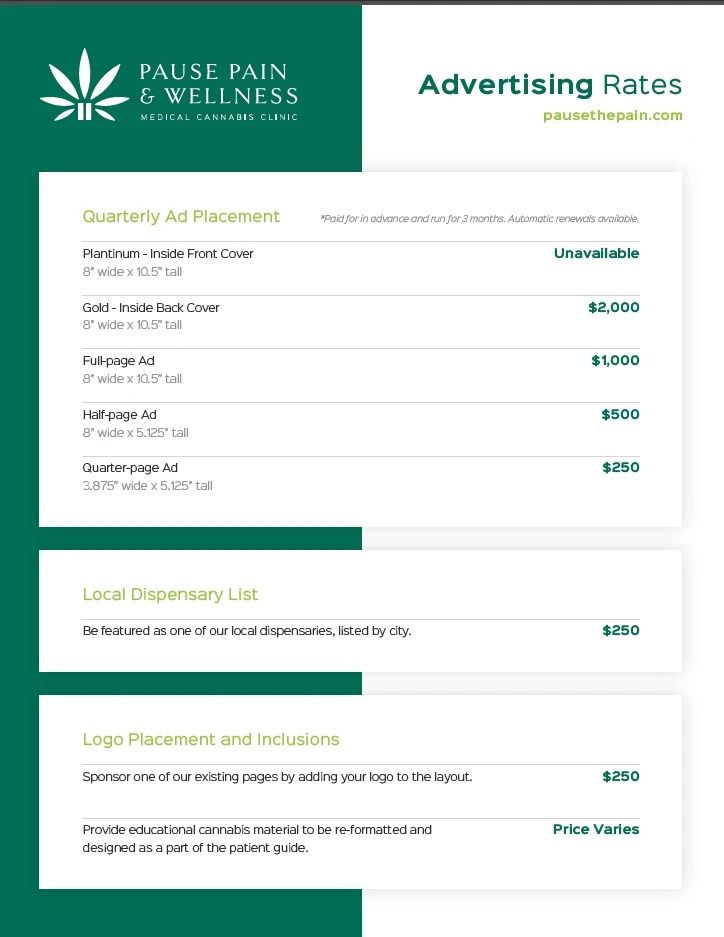 Advertising rates for Pause Pain & Wellness, including ad placement and dispensary listings.