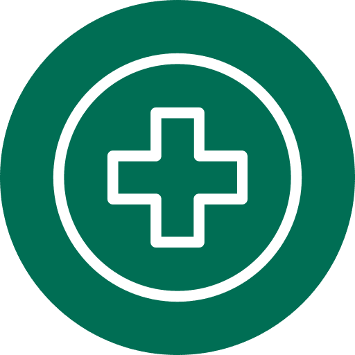 White medical cross inside a white circle, all on a teal background.