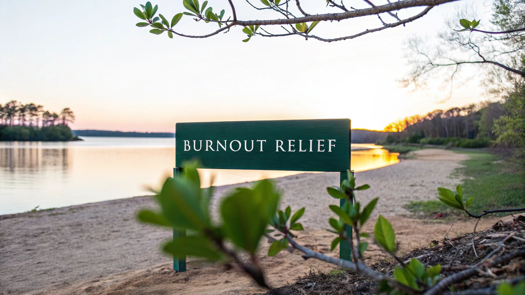 Green “BURNOUT RELIEF” sign by a calm lakeside at sunrise, framed by branches and a sandy shore