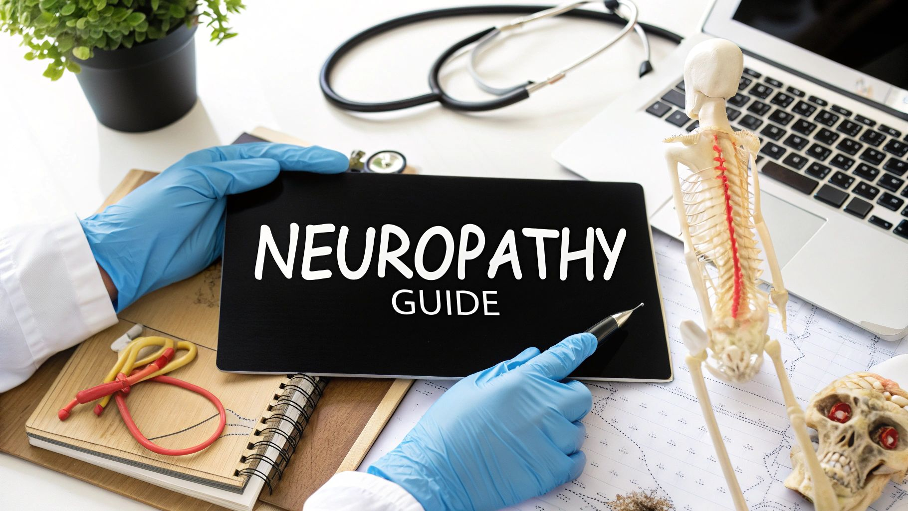 Gloved hands hold a tablet reading “NEUROPATHY GUIDE” on a medical desk with stethoscope and lab tools