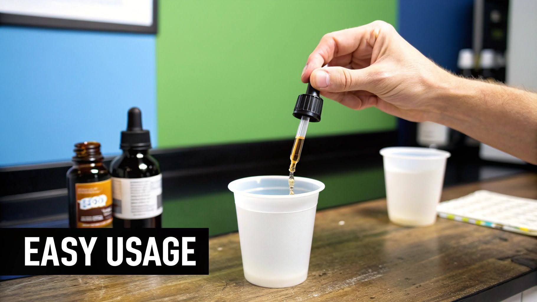 Hand pouring liquid from a dropper into a white cup on a desk, with “EASY USAGE” text overlay.