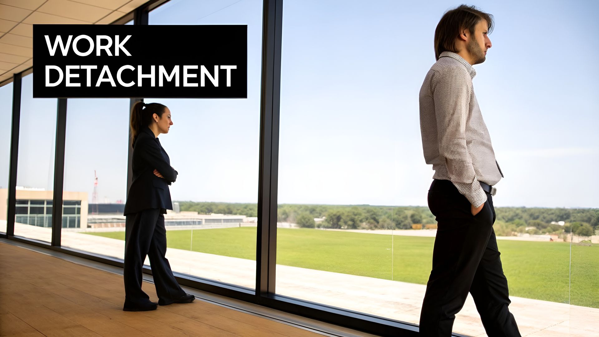 Two people in a glass-walled office, one walking away under a “WORK DETACHMENT” sign.