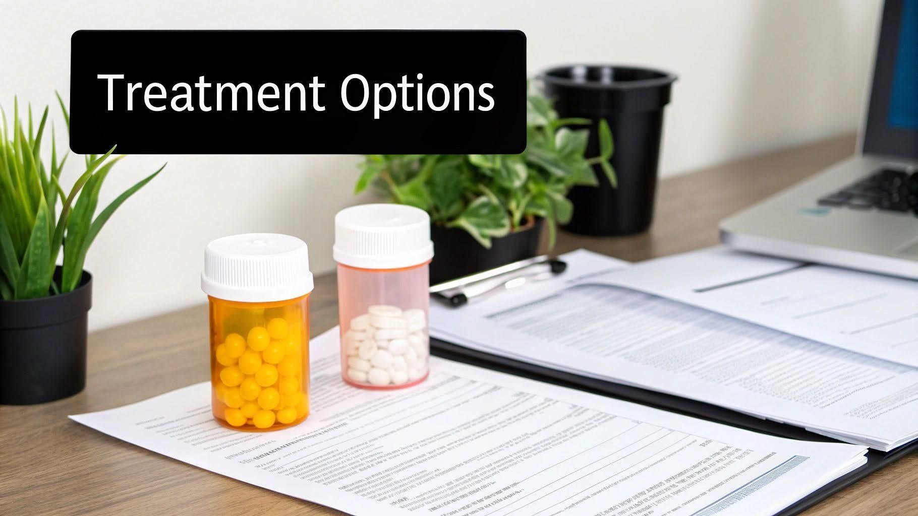 Two pill bottles on paperwork beside a laptop, labeled
