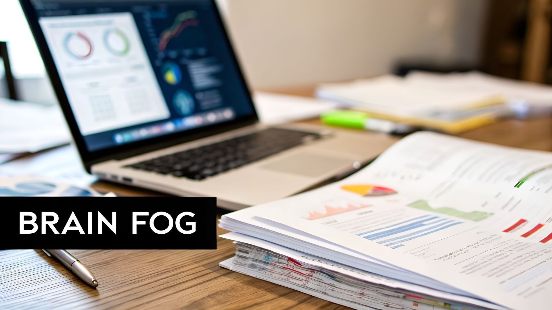 Laptop beside stacked papers on a desk with a “BRAIN FOG” label on screen.