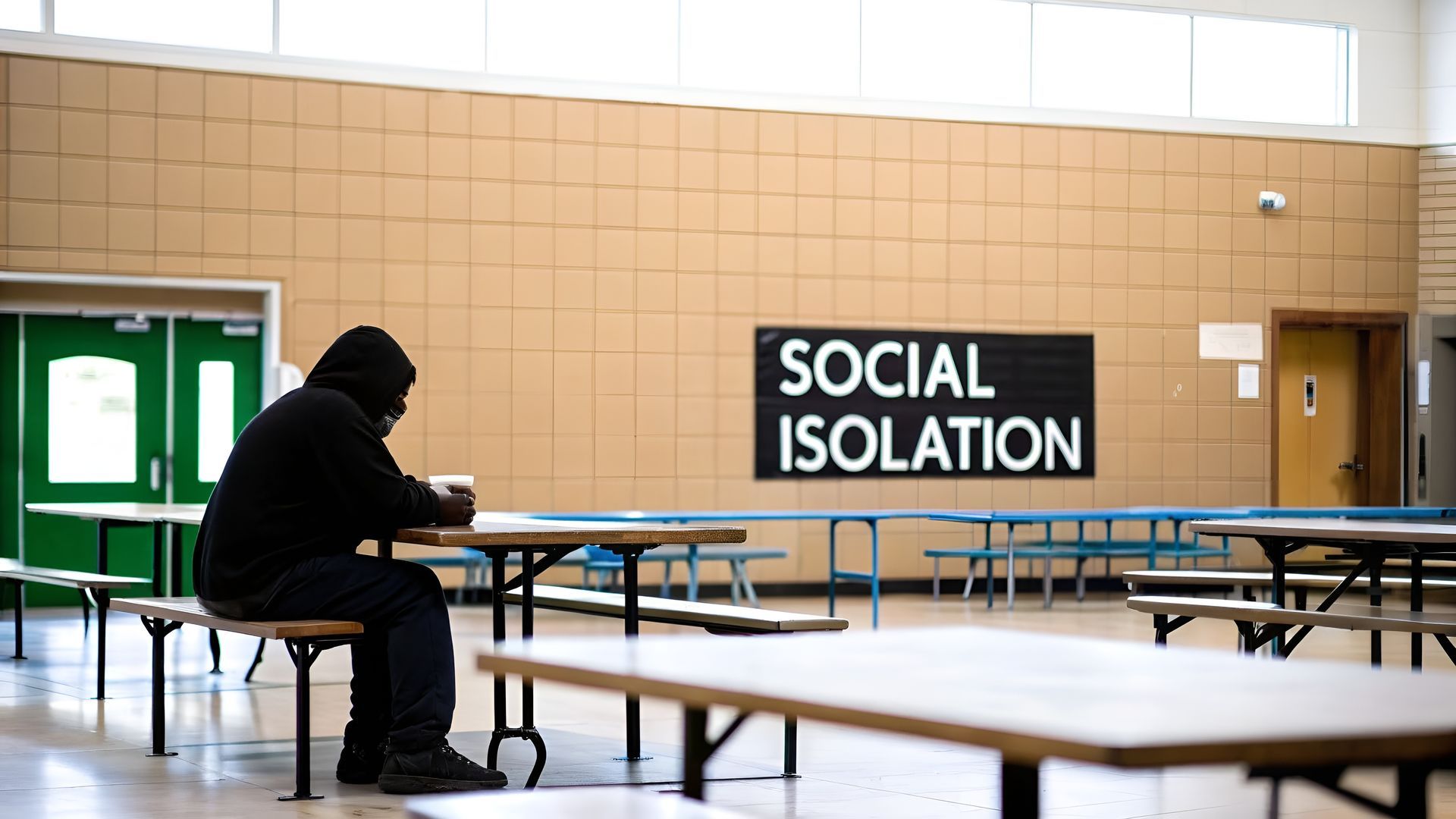 Person sitting alone in a mostly empty cafeteria beside a sign reading “SOCIAL ISOLATION”