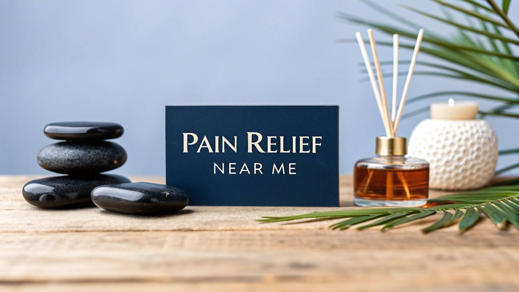 Spa still life with stacked stones, amber diffuser, and “Pain Relief Near Me” sign on a wooden table