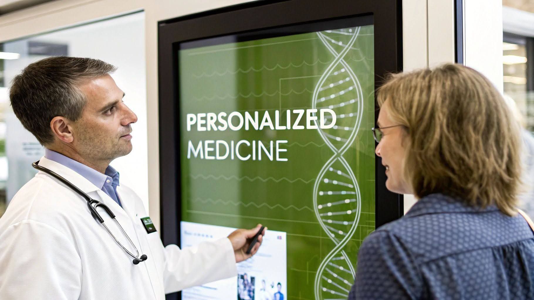 Doctor showing a personalized medicine display with DNA graphic to a woman in a hallway